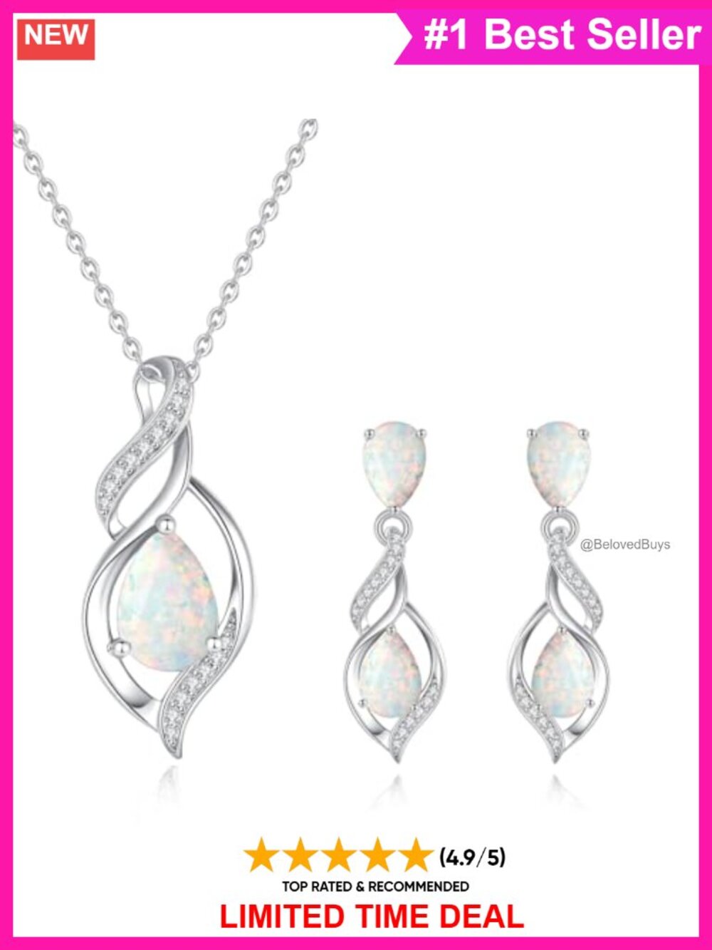 Opal Teardrop Necklace and Earrings Jewelry Set, Polished Finish, October
